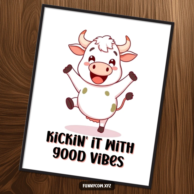 Funny Free Printable Wall Art: Happy cow with its legs kicking, dancing with joy, a vibrant and cheerful downloadable art.