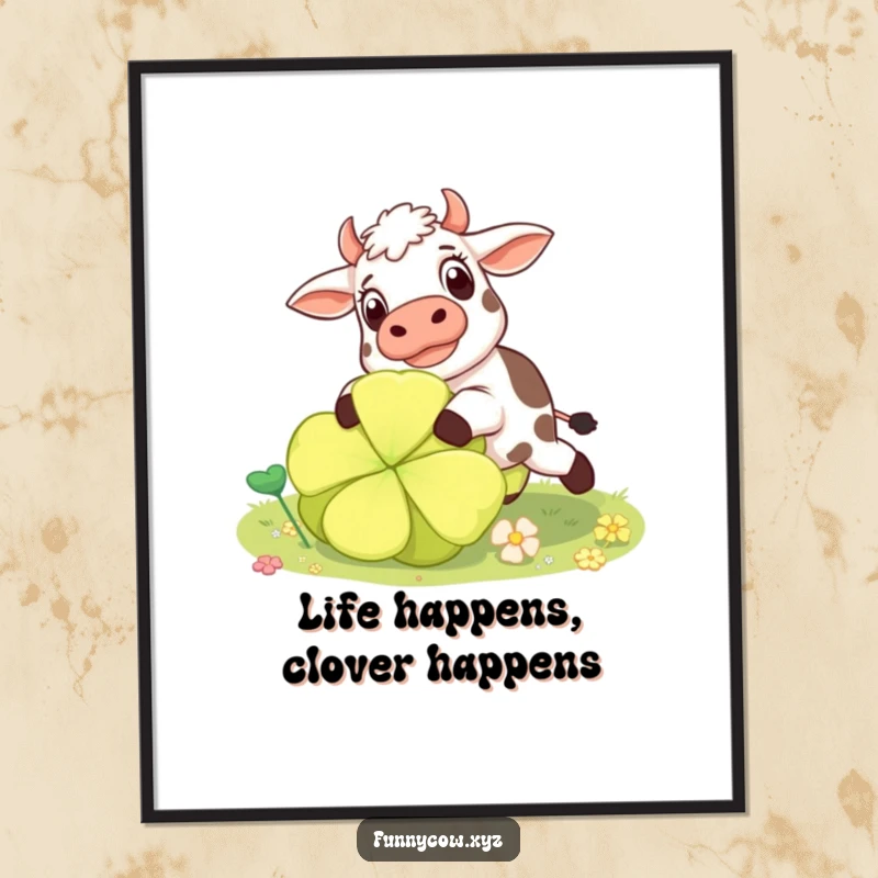 Funny Free Printable Wall Art: Cow with a surprised expression, tripping over a giant clover, a comical and unique downloadable art.