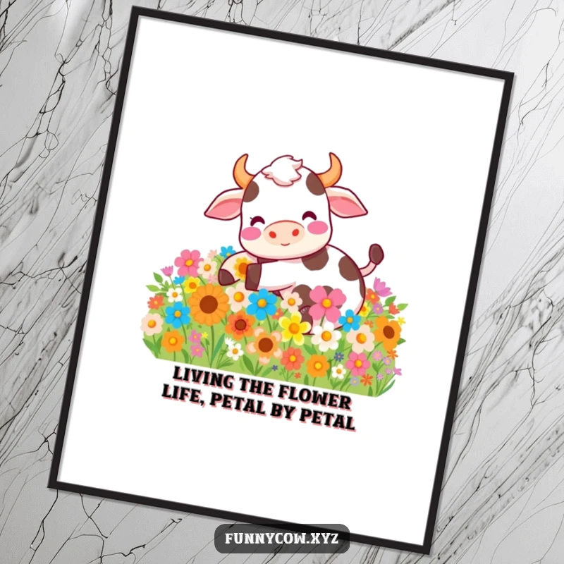 Funny Free Printable Wall Art: A cow delightedly rolls in a vibrant, colorful flowerbed, radiating pure happiness.