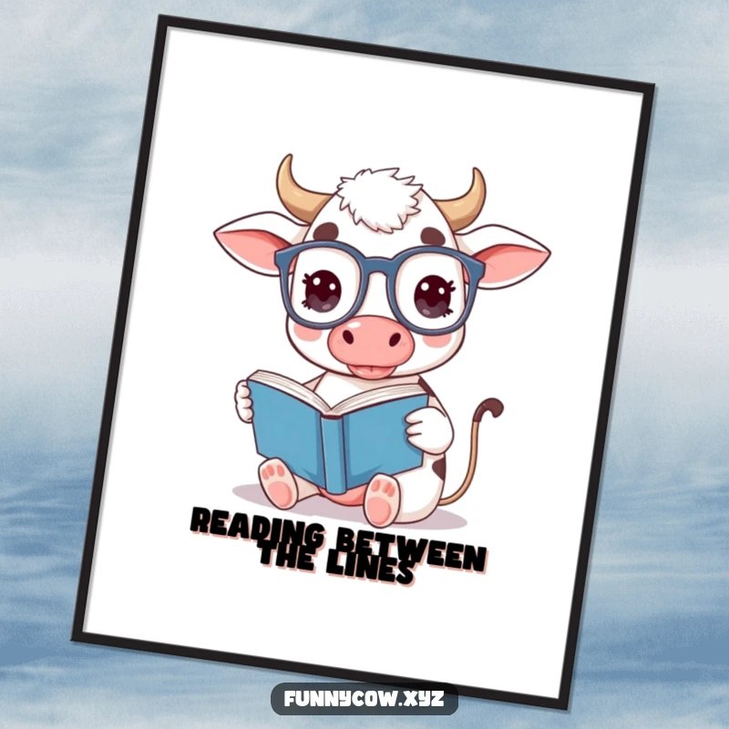 Funny Free Printable Wall Art: Cow wearing oversized spectacles, reading a book upside down, a whimsical and intellectual downloadable art.