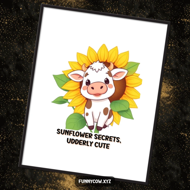 Funny Free Printable Wall Art: A curious cow with tiny spots peeking out from behind an enormous sunflower.
