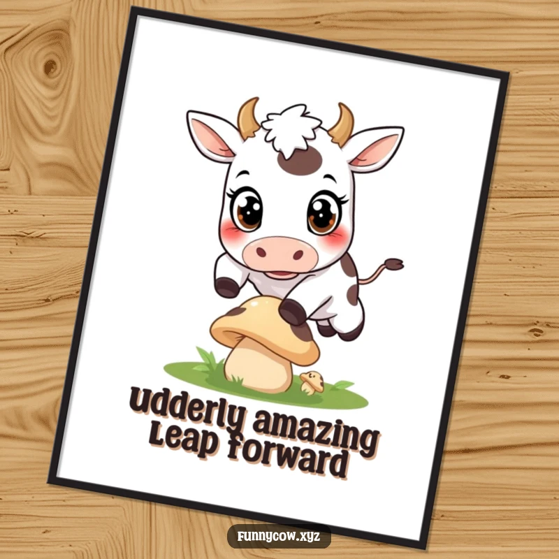 Funny Free Printable Wall Art showing a cow with wide, curious eyes, leaping over a small, cartoonish mushroom, a whimsical downloadable art piece.
