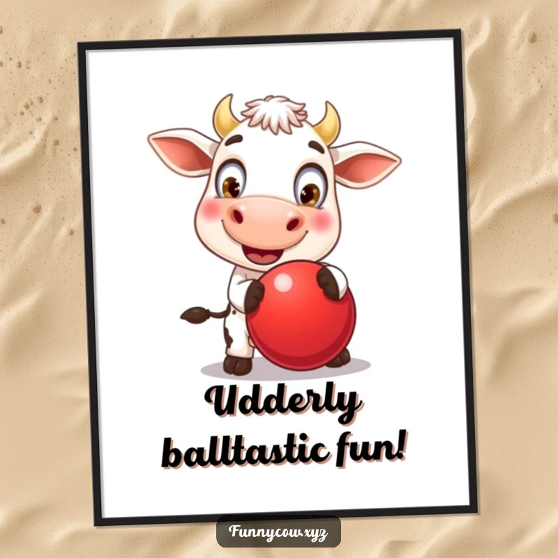 Funny Free Printable Wall Art: A joyful cow with oversized, playful eyes bouncing a large red ball with enthusiasm.
