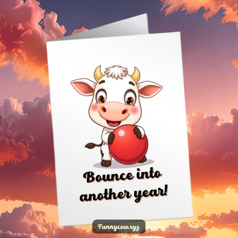 Funny Free Printable Birthday Card: Cheerful cow with huge eyes joyfully bouncing a large red ball, ready for a party.