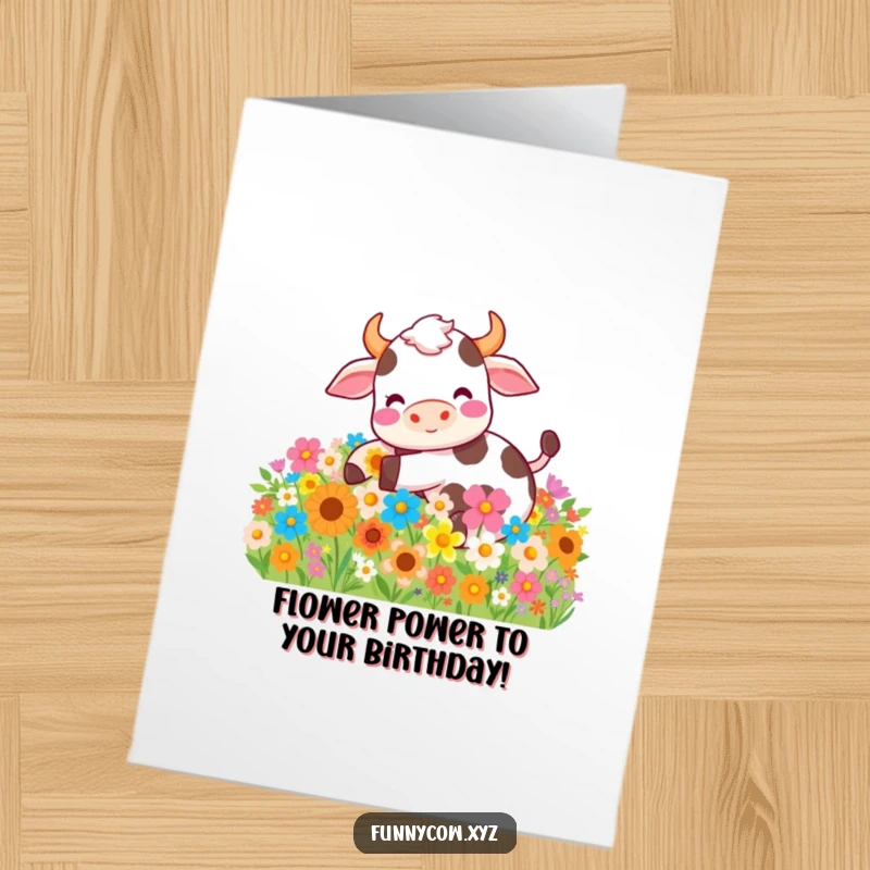 Funny Free Printable Birthday Card: A cow joyfully rolls in a vibrant field of colorful flowers, spreading birthday cheer.