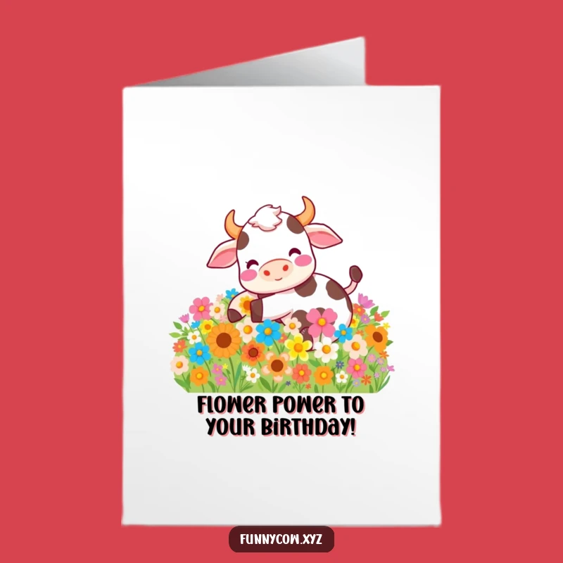 Free Printable Birthday Card: Funny Cow in Flowers, Hilarious Downloadable Gift