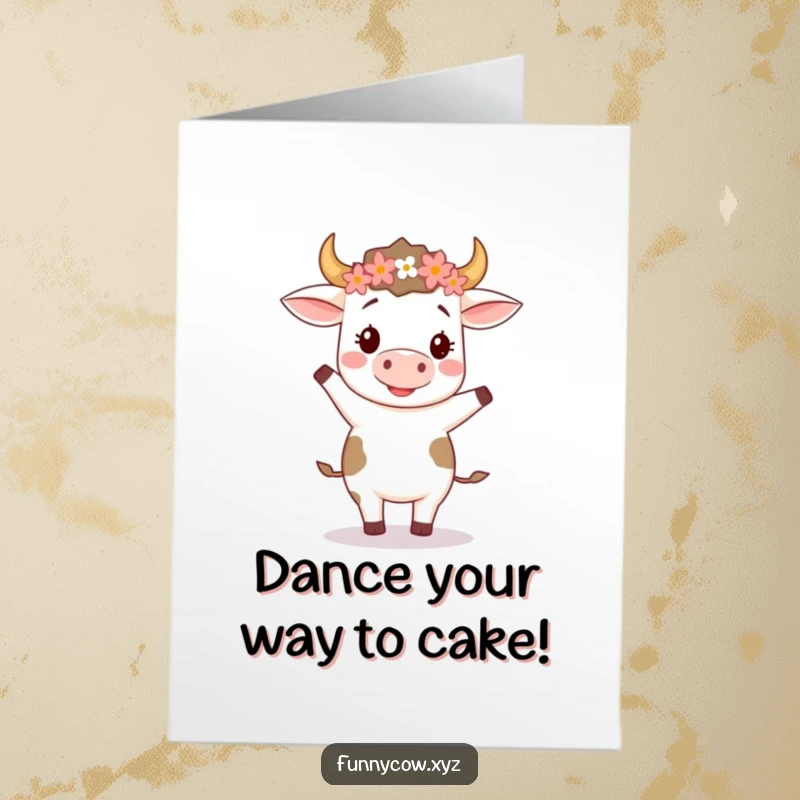 Funny Free Printable Birthday Card: Happy cow wearing a flower crown doing a silly two-step dance, celebrating.