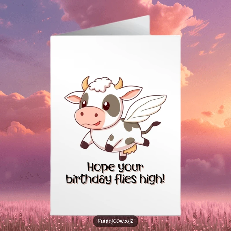 Funny Free Printable Birthday Card of a cow hilariously trying to fly with tiny, wobbly wings, celebrating with ambition.