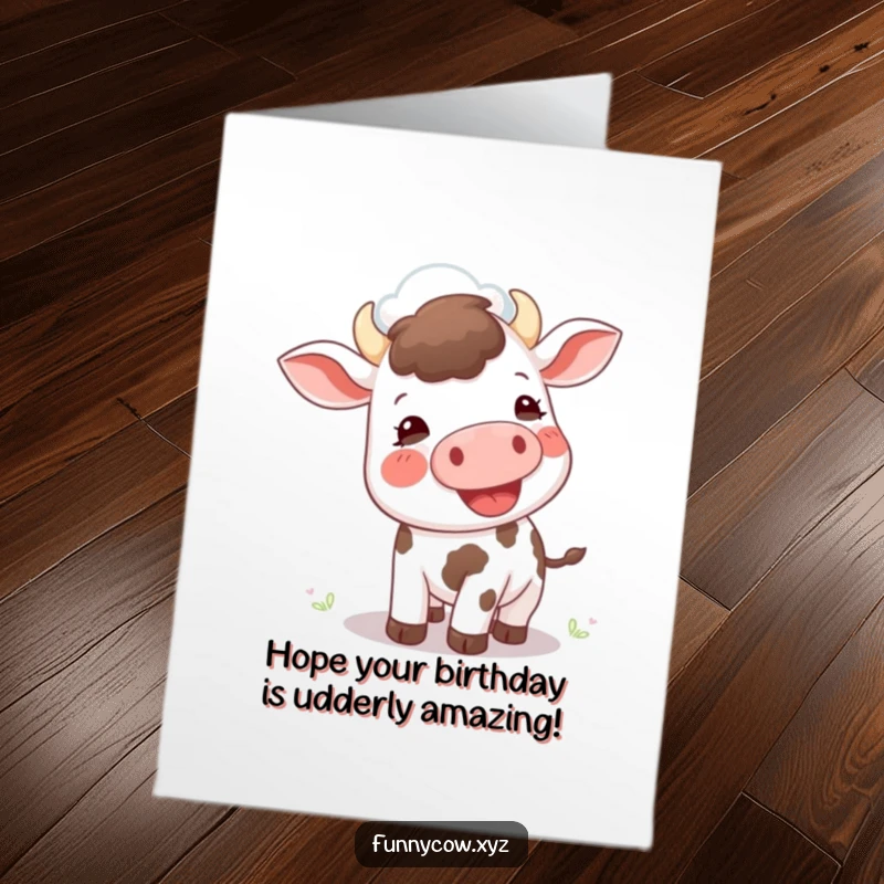 Funny Free Printable Birthday Card showing a delighted cow looking up and trying to moo at a fluffy cloud.