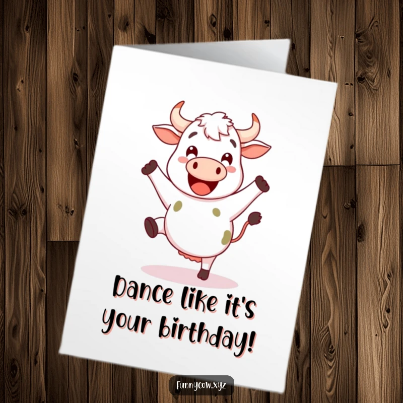 Funny Free Printable Birthday Card: Happy cow with legs kicking joyfully as if dancing, a celebratory downloadable gift.