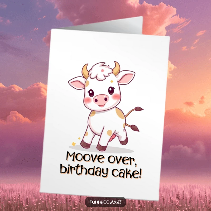 Funny Free Printable Birthday Card: Adorable kawaii cow happily prancing with flowers in mane, perfect for a joyful gift.