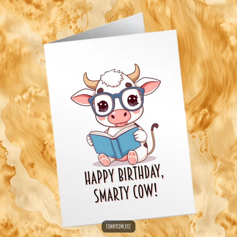 Funny Free Printable Birthday Card: Cow in oversized spectacles reading a book upside down, a humorous intellectual downloadable gift.
