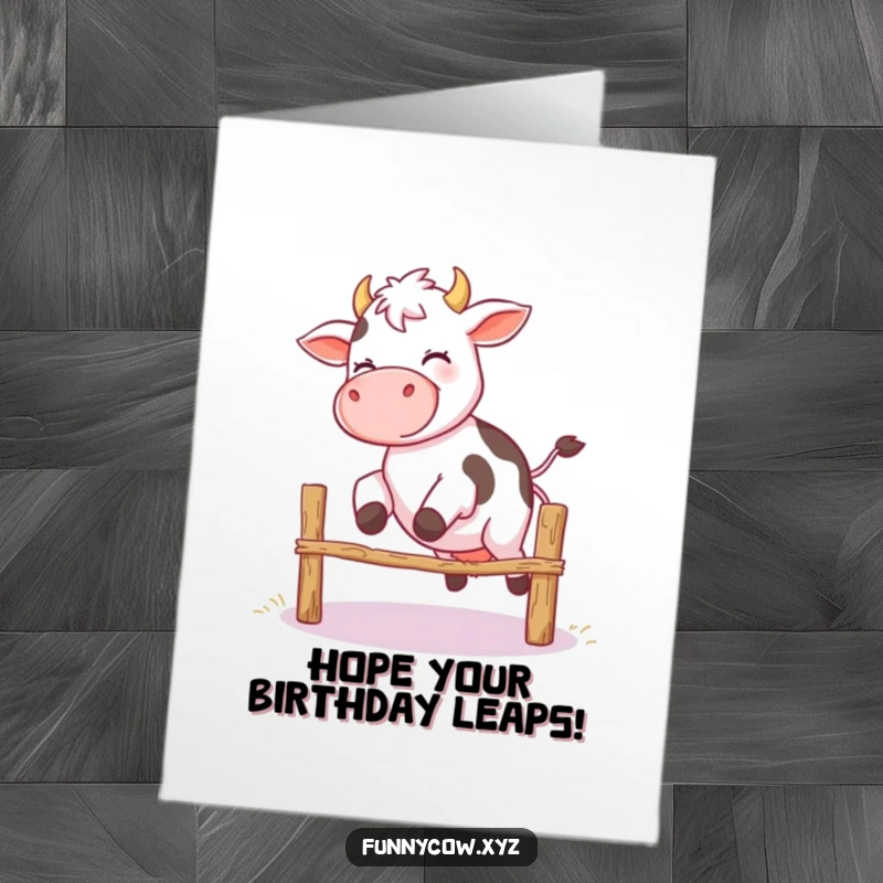 Funny Free Printable Birthday Card: Giggling cow with unsteady legs hilariously attempts to jump a small fence.