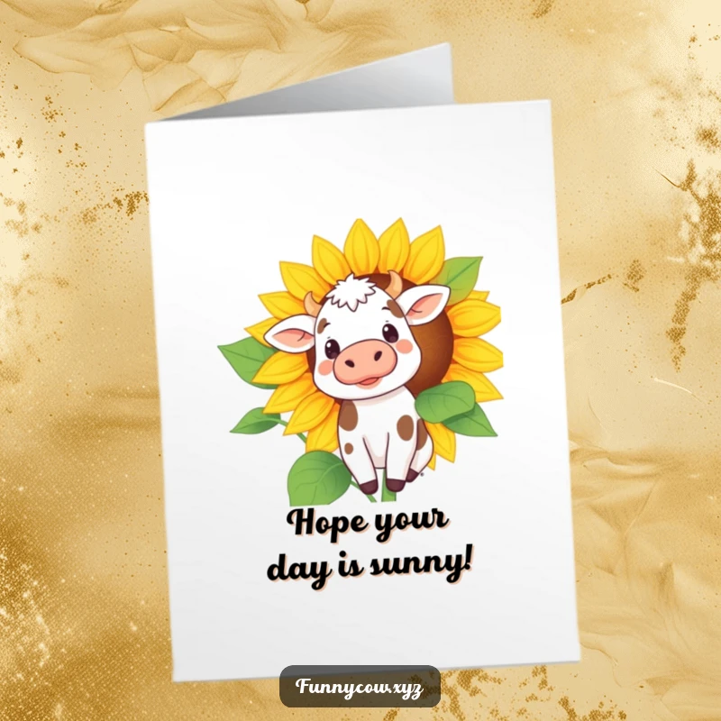 Funny Free Printable Birthday Card: Curious cow with small spots peeking from behind a giant sunflower, wishing Happy Birthday.