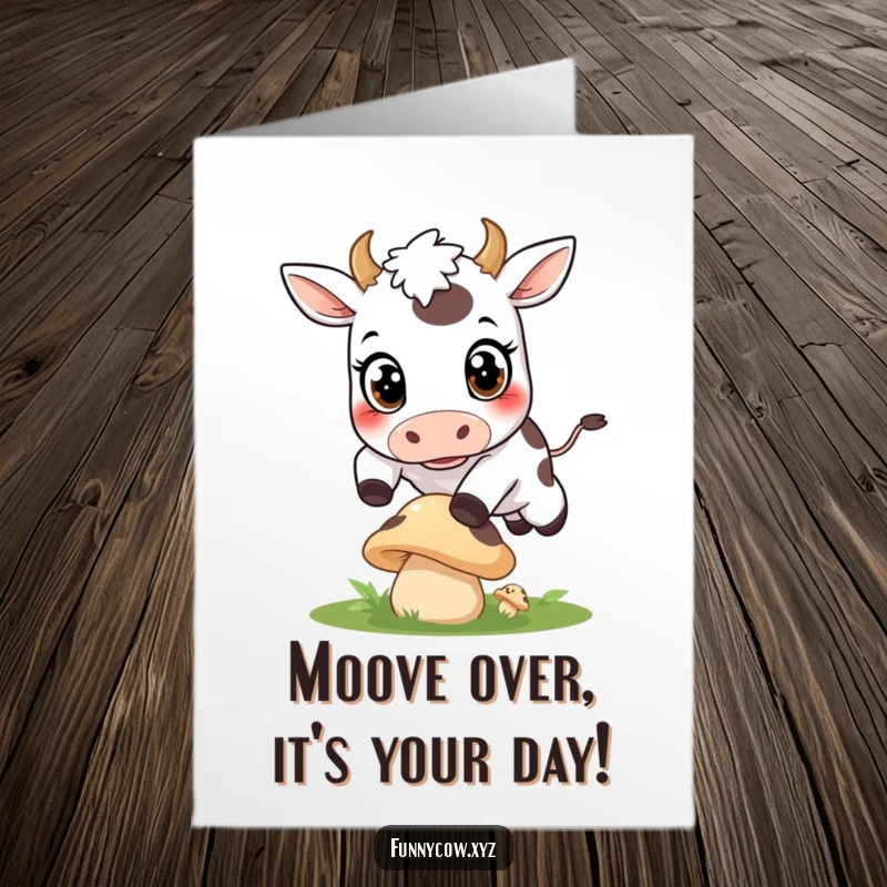 Funny Free Printable Birthday Card showing a cow with wide, curious eyes, leaping over a small, cartoonish mushroom, for a delightful birthday.