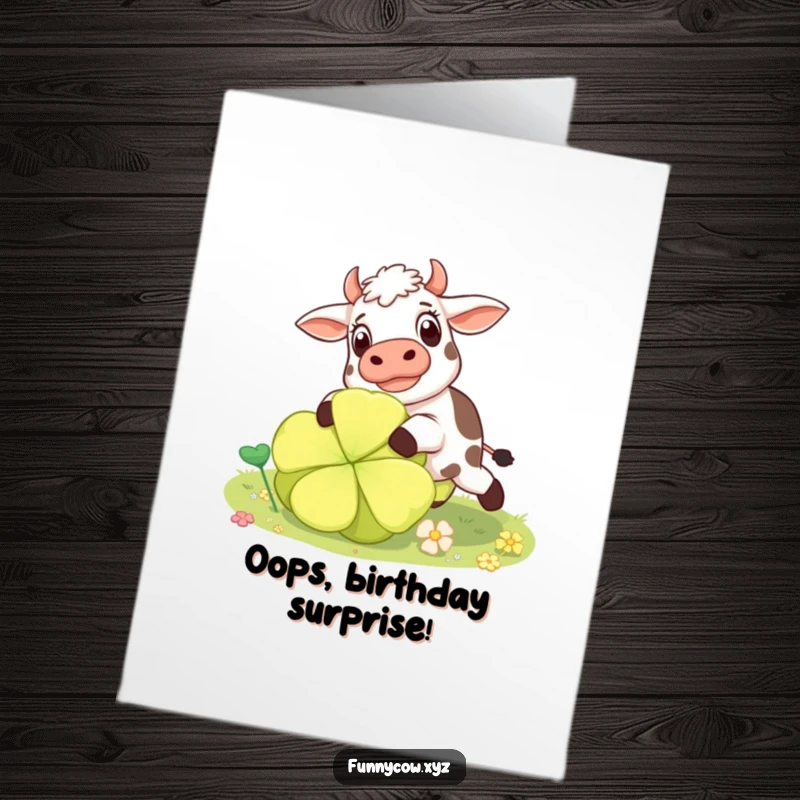 Funny Free Printable Birthday Card: Cow with a shocked expression, tripping over a giant clover, a comical downloadable birthday surprise.