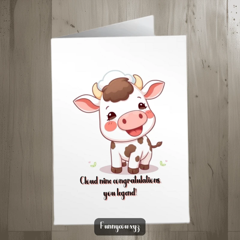 Funny Free Printable Congratulations Card featuring a happy cow attempting to moo at a cloud with delight.