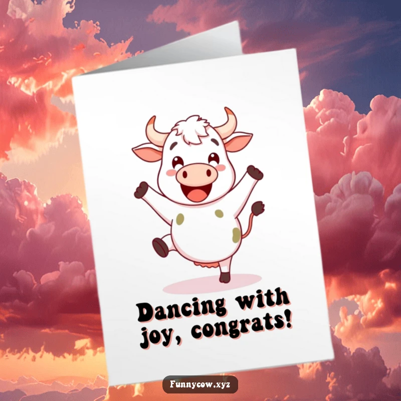 Funny Free Printable Congratulations Card: Happy cow with legs kicking and dancing, a joyful bovine celebrating success, downloadable.