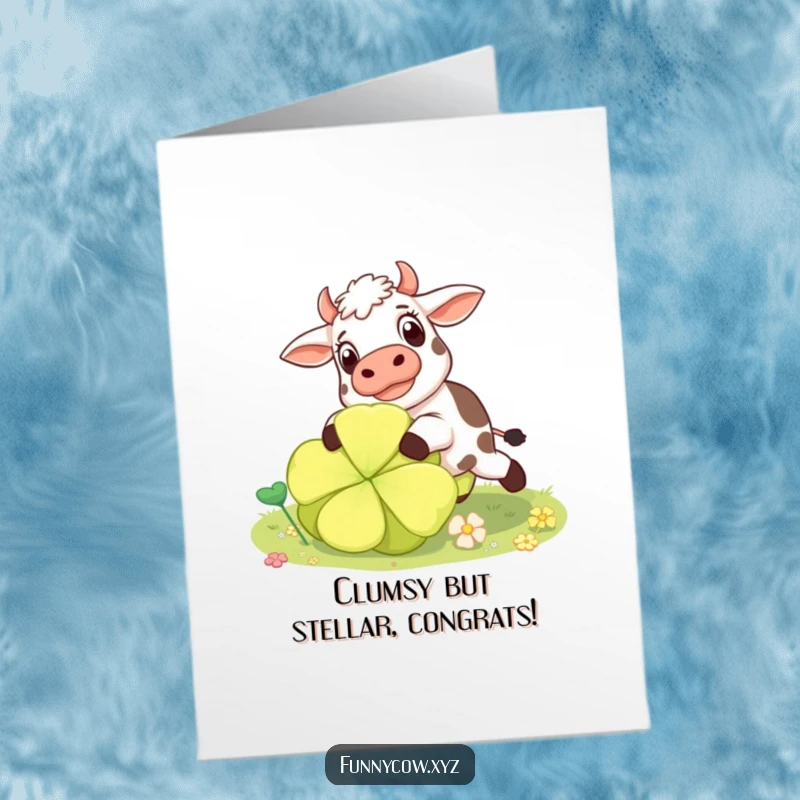 Funny Free Printable Congratulations Card: Surprised cow tripping over a giant clover, a comical bovine celebrating success, downloadable.