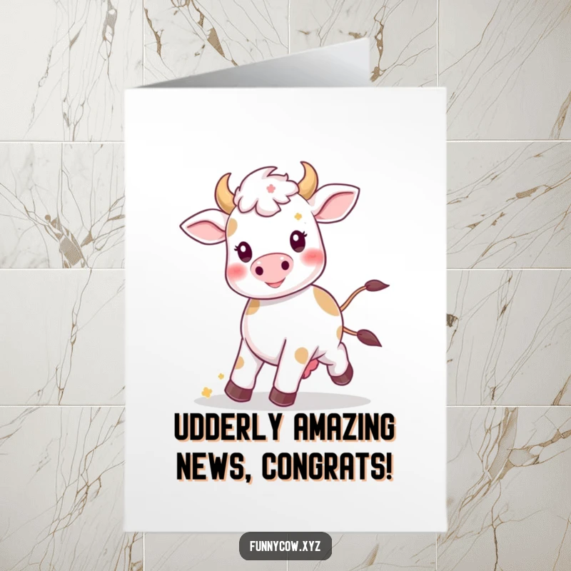 Funny Free Printable Congratulations Card: Cute kawaii cow happily prancing, a joyful bovine celebrating success, perfect downloadable gift.