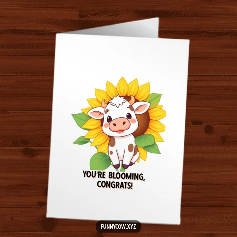 Free Printable Congratulations Card: A curious cow with tiny spots peeking playfully from behind a huge sunflower.