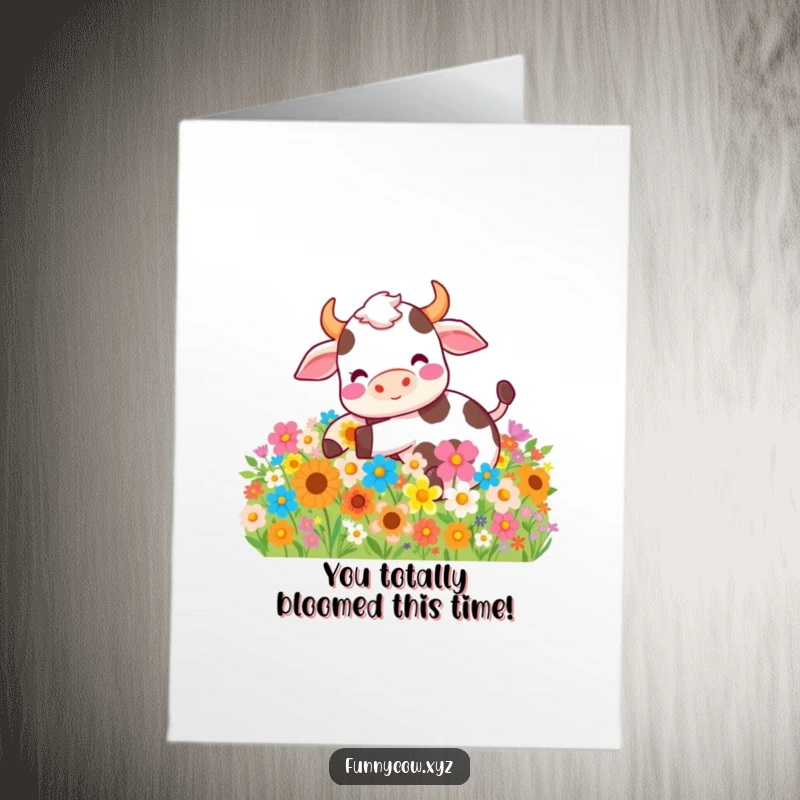 Funny Free Printable Congratulations Card: A cow gleefully rolls in a meadow bursting with colorful flowers, celebrating success.
