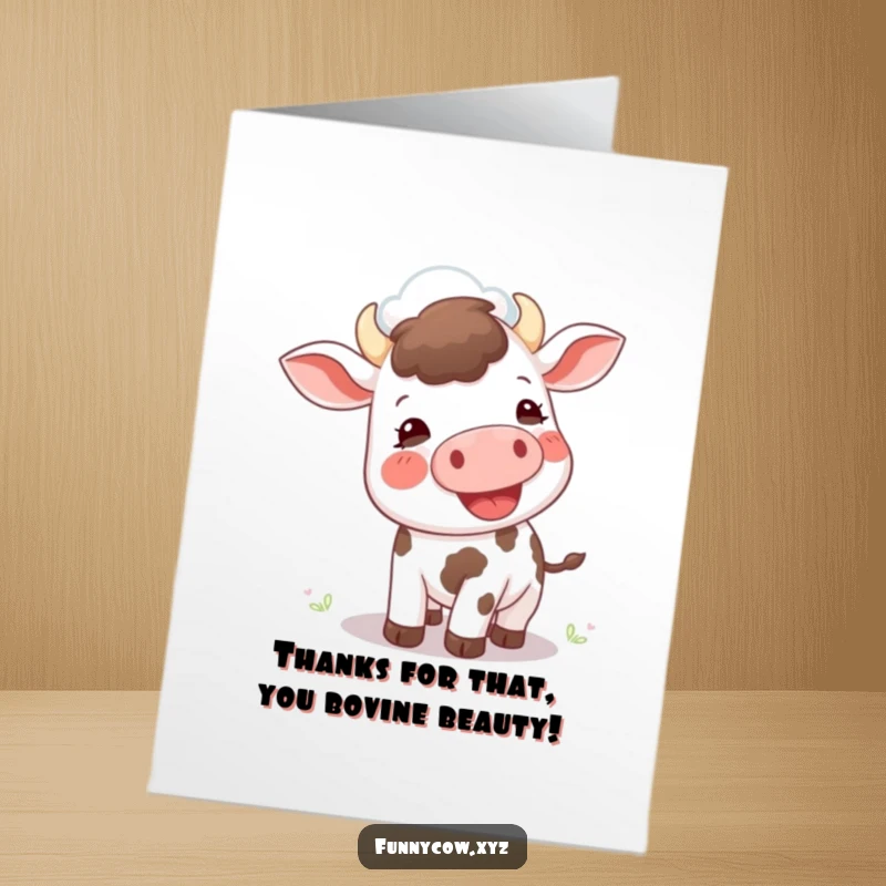 Funny Free Printable Thank You Card of a delighted cow trying to moo its thanks to a cloud.