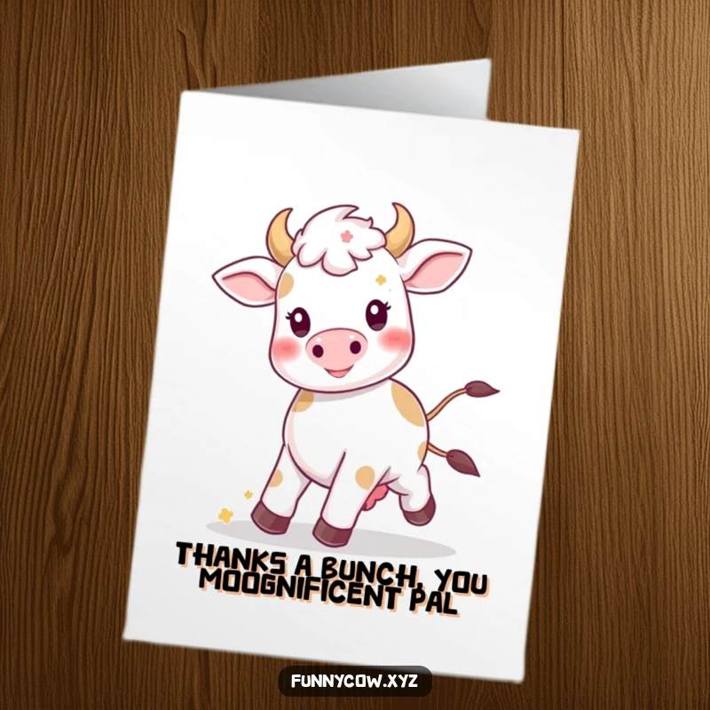 Funny Free Printable Thank You Card: Cute kawaii cow happily prancing with flowers, a cheerful bovine expressing thanks, downloadable.