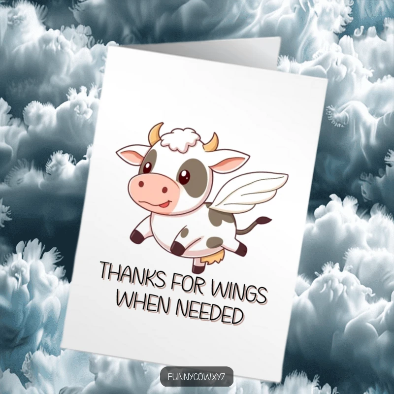 Funny Free Printable Thank You Card of a cow comically trying to fly with small, wobbly wings, humorously conveying thanks.