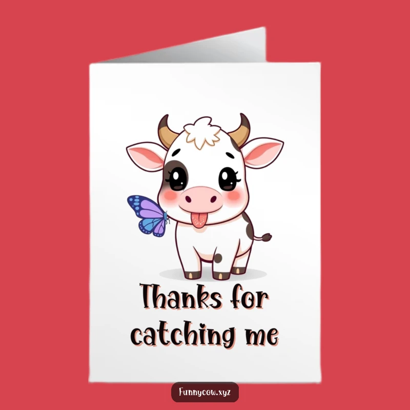Free Printable Thank You Card: Playful Cow Chasing Butterfly Downloadable Gift