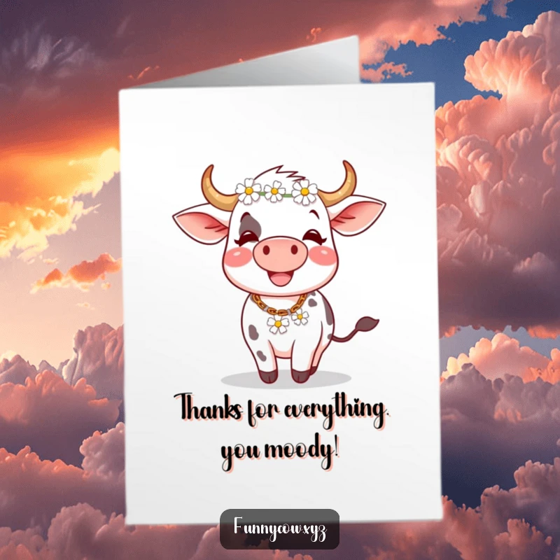 Funny Free Printable Thank You Card featuring a happy cow with a daisy chain spinning in gratitude.
