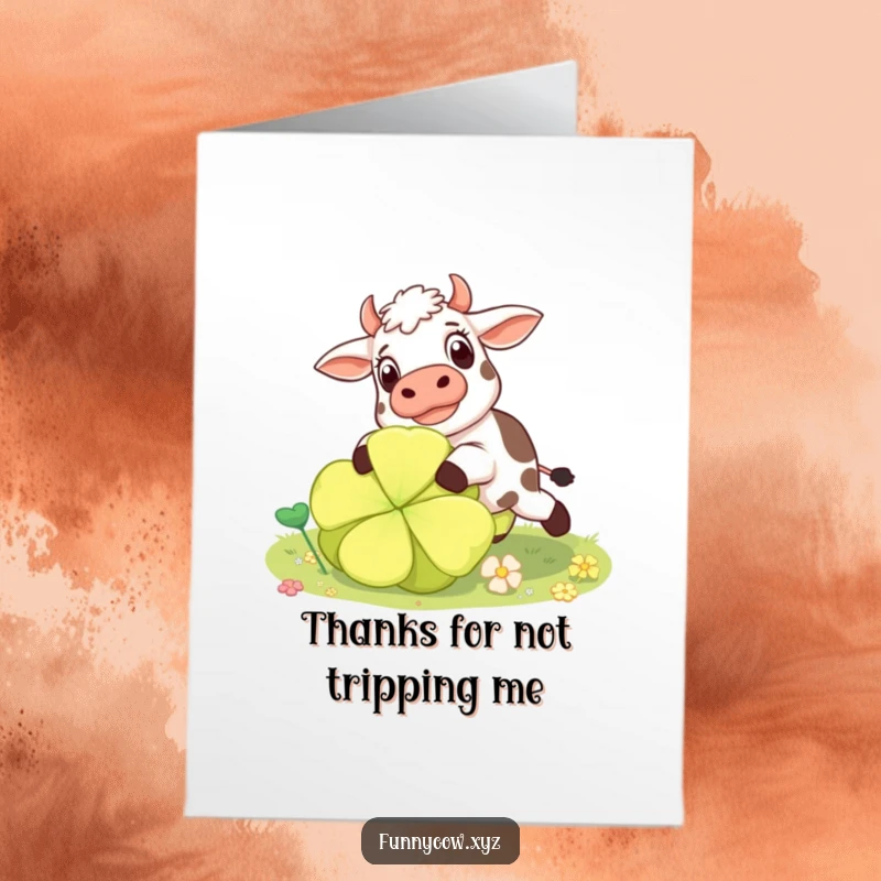 Funny Free Printable Thank You Card: Surprised cow tripping over a giant clover, a comical bovine saying thanks, downloadable.