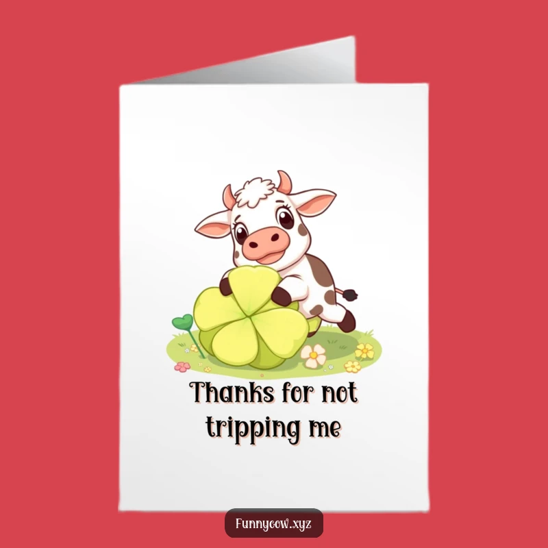Free Printable Thank You Card: Surprised Cow Tripping Over Clover Downloadable Gift