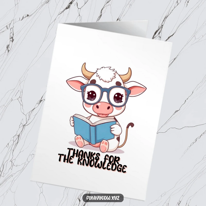 Funny Free Printable Thank You Card: Cow in oversized spectacles, reading a book upside down, a humorous downloadable thanks.