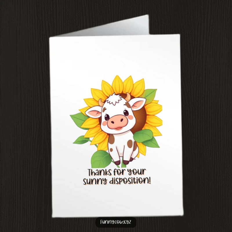 Funny Free Printable Thank You Card: A curious cow with little spots peeking out from behind a giant sunflower.