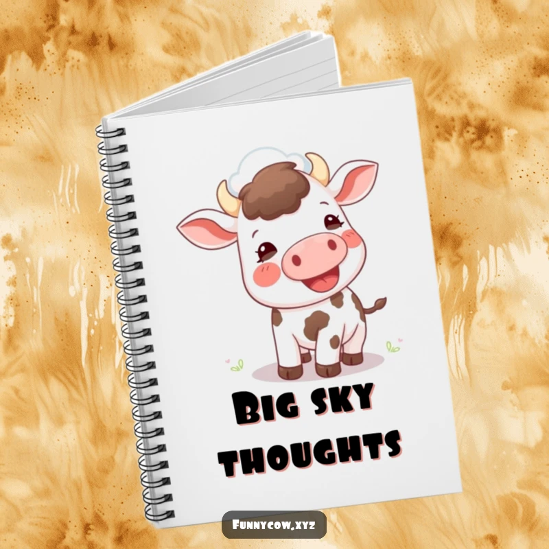 Funny notebook: A cow with an open mouth gazes upwards, attempting to moo at a cloud, inspiring ambitious notes.