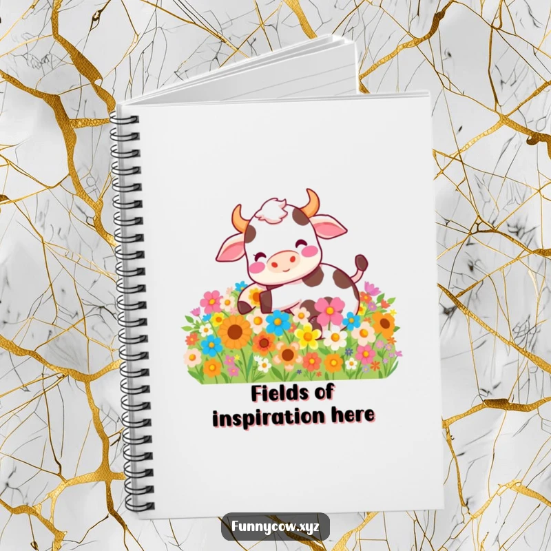 Funny notebook with a happy cow rolling in a flower field, perfect for jotting down creative and joyful notes.