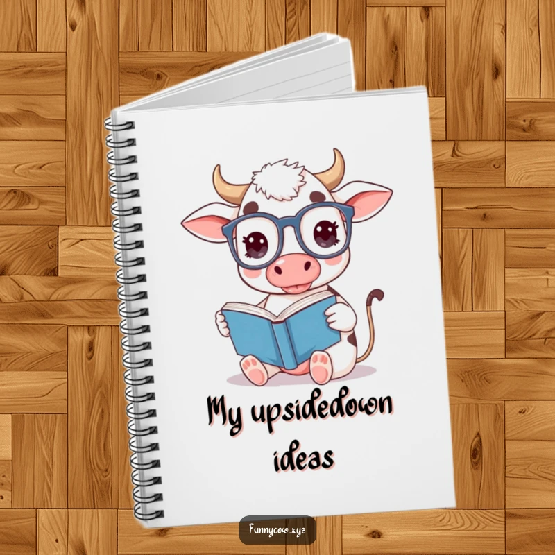 Funny cow notebook with a cute cow wearing oversized glasses, reading a book upside down.