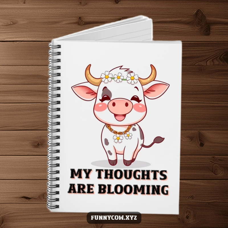 Funny notebook: A joyful cow with a daisy chain spins on the cover, inspiring fun notes and creative doodles.