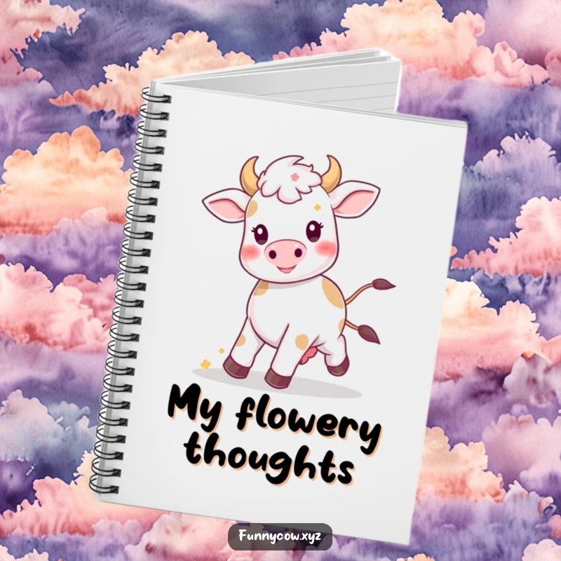 Funny Kawaii cow notebook with a happy prancing cow among flowers, for jotting down notes and smiles.