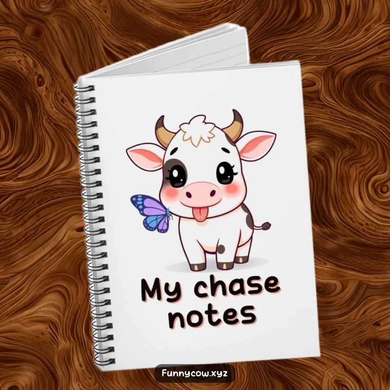 Funny cow notebook with a playful cow sticking its tongue out, chasing a butterfly.