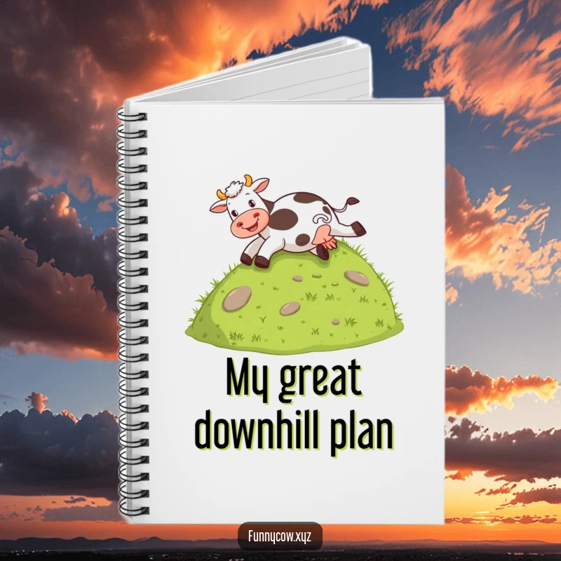 Funny notebook with a cow joyfully sliding down a grassy hill on its behind, perfect for note-taking.