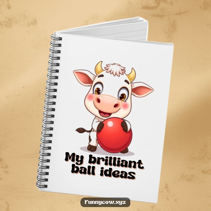 Funny notebook cover featuring a cheerful cow with huge, playful eyes, happily bouncing a large red ball, ready for jotting down fun ideas.