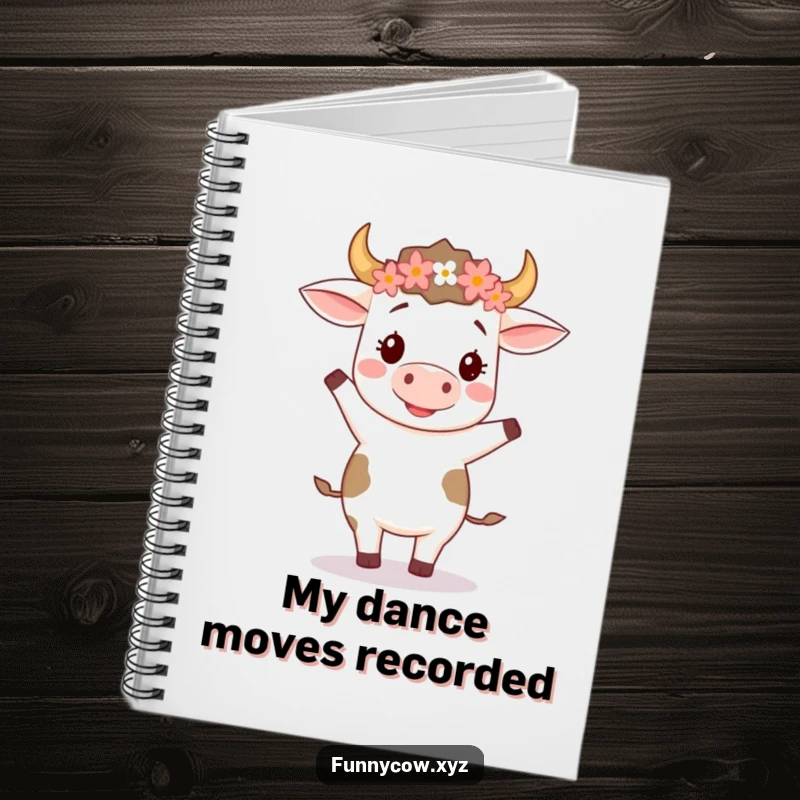 Funny notebook cover featuring a happy cow with a flower crown doing a silly two-step dance, ready for your creative notes.