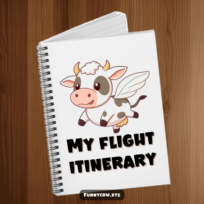 Funny notebook with a cow comically attempting to fly with tiny, wobbly wings, perfect for note-taking.