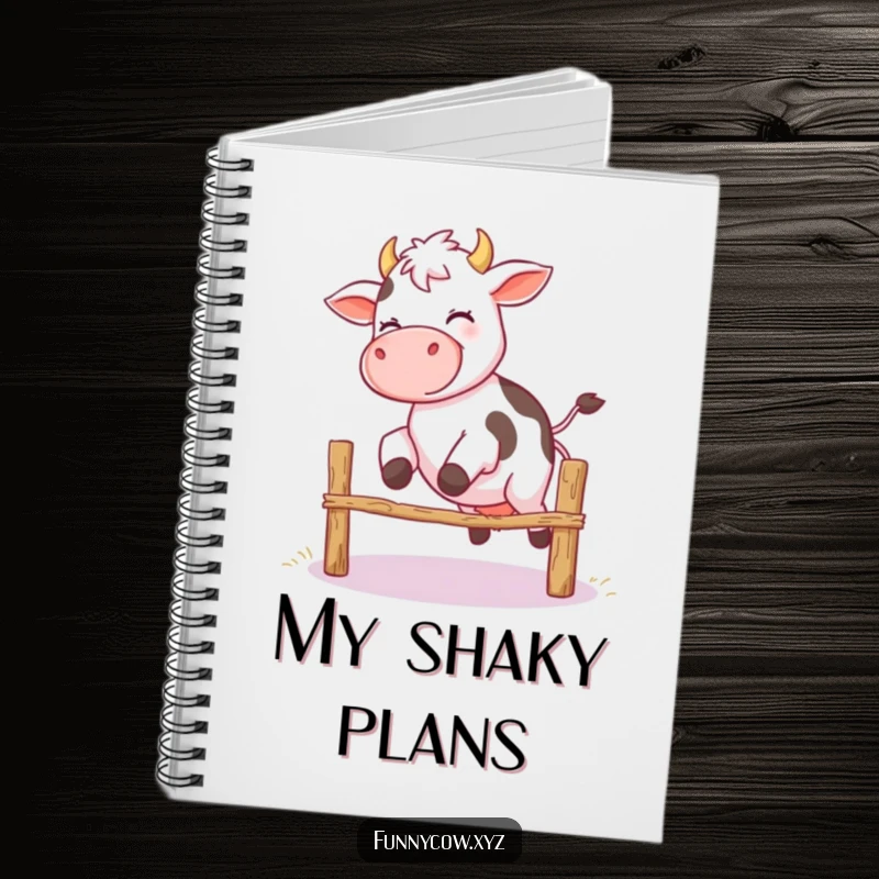 Funny notebook cover featuring a giggling cow with wobbly legs attempting to jump a fence, ready for amusing notes.