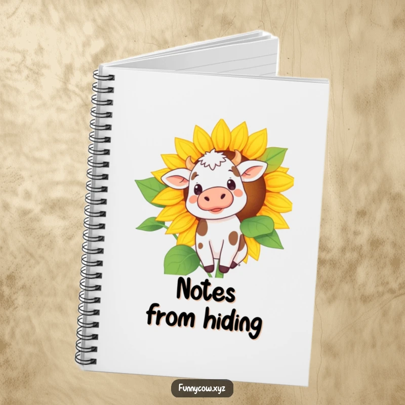 Funny notebook cover with a spotted cow peeking from behind a sunflower, perfect for jotting down secrets and amusing ideas.