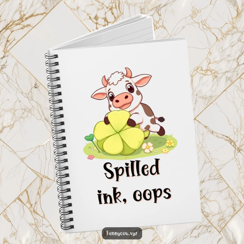 Funny surprised cow notebook depicting a cow tripping over a clover, perfect for jotting down humorous notes.