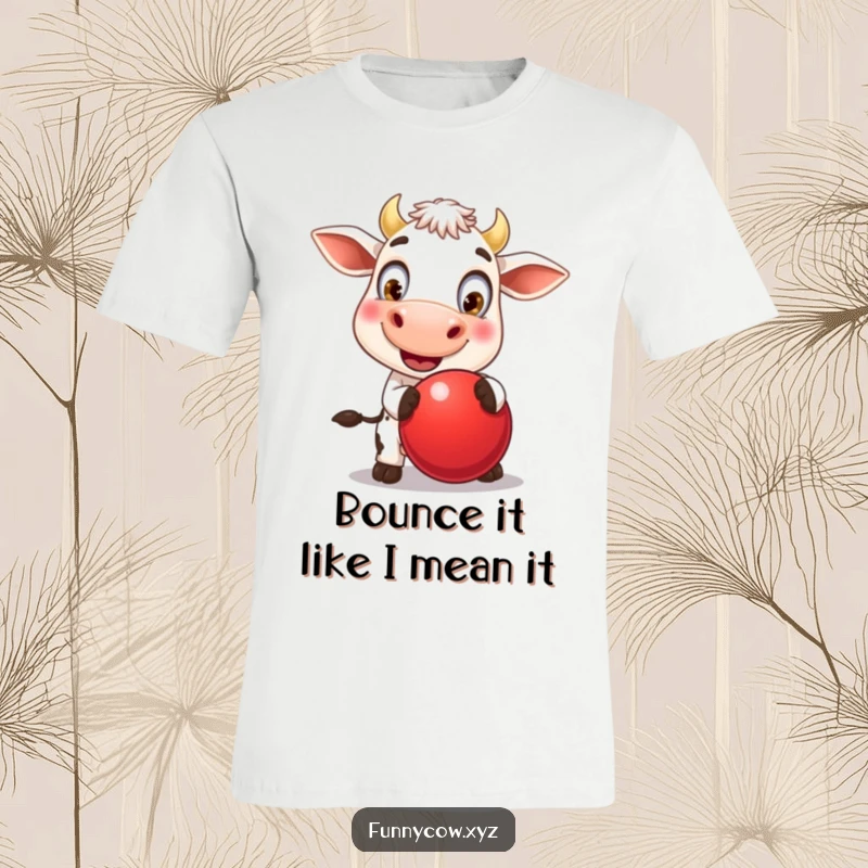 Funny t-shirt featuring a supremely cheerful cow with large, comical eyes, gleefully bouncing a big red ball, an image of pure, happy energy.
