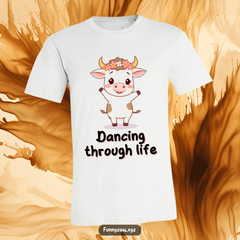 Funny t-shirt with a happy cow crowned with flowers, doing an amusing two-step dance with infectious joy and playful energy.
